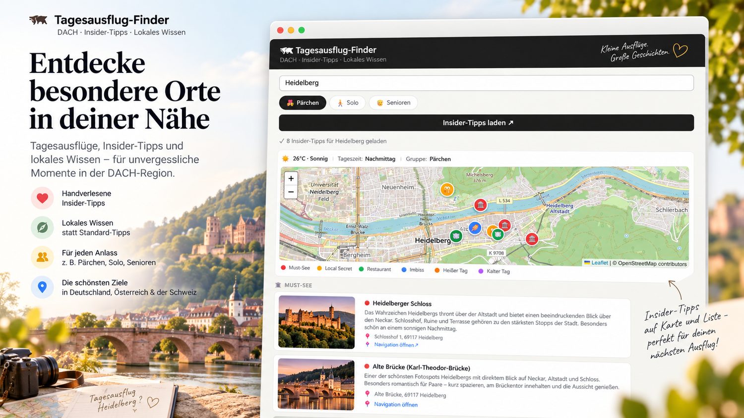 Tagesausflug-Finder – Oberfläche mit Karte und Insider-Tipps